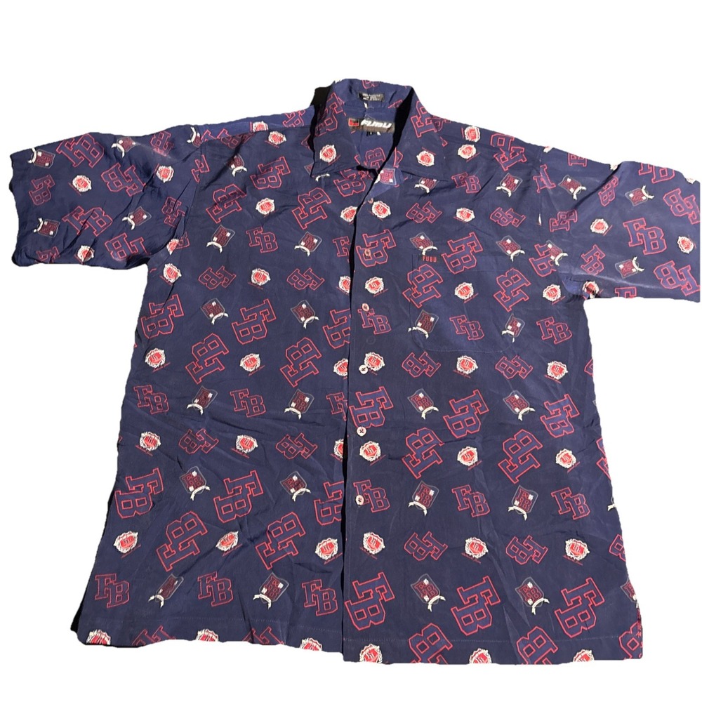 Fubu Collection Shirt L All Over Logo Button Collared Short Sleeve Pocket Y2K‎